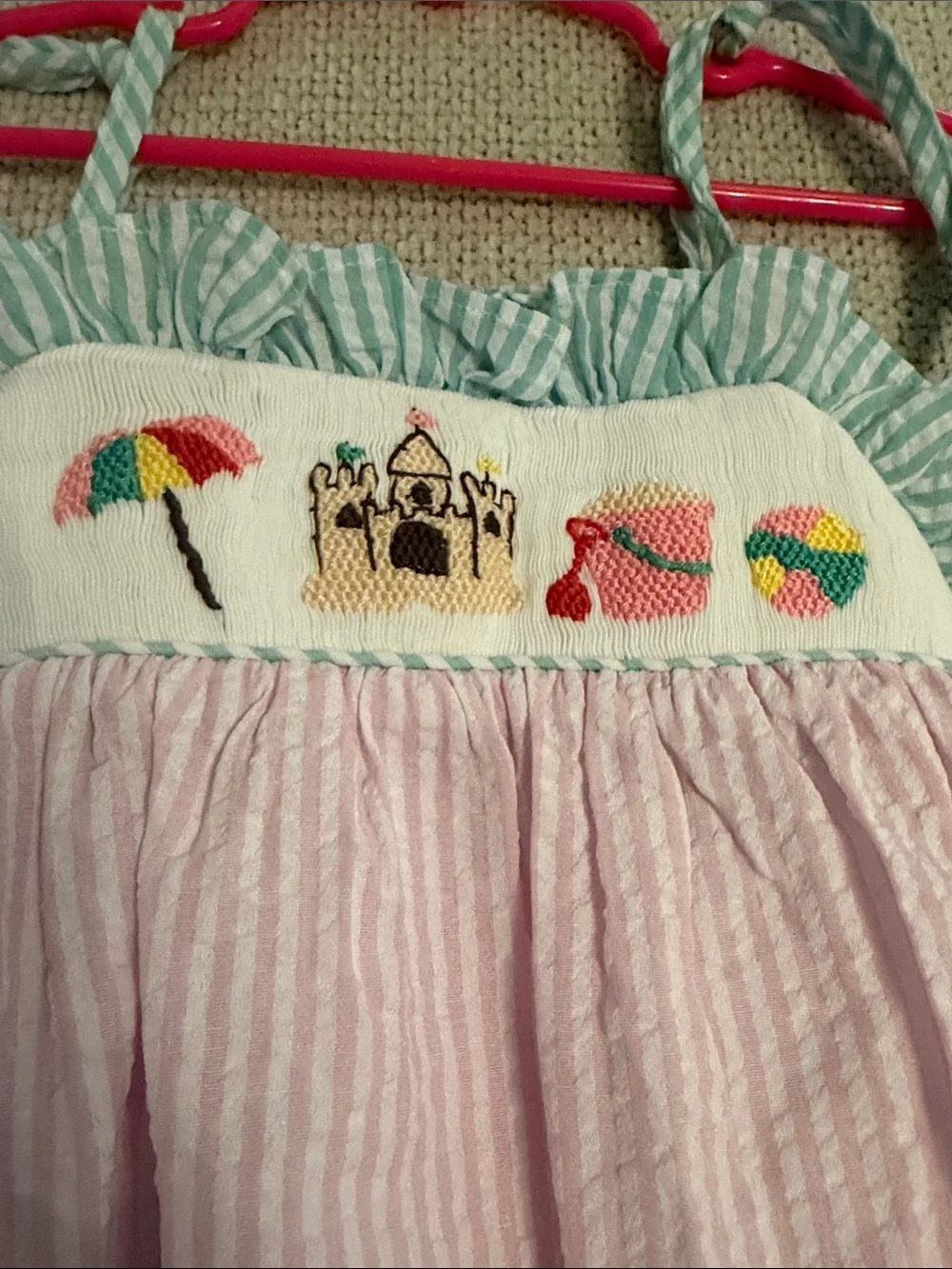 Pink Seersucker Baby Bubble Romper with Beach Embroidery smocked